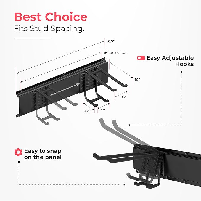 Garage Wall Organizer | 64" Heavy-Duty Tool Storage Rack | Adjustable Double-Layer Hooks | 400 lbs Capacity | Carbon Steel Wall Mount Holder for Shovels, Rakes, Ladders & Power Tools