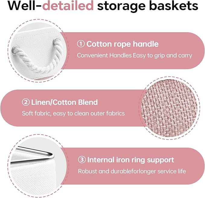 13x13 Inch Cube Storage Bins with Reinforced Bottom Cardboard, 6 Pack Large Collapsible Fabric Storage Cubes with Handles for Shelf, Closet, Toy, Laundry Organization (White&Pink)