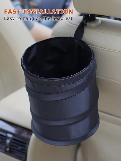 Ginsco New Leakproof Car Trash Can, 1 Gallon Mini Trash Can Pop-up Collapsible Hanging Car Trash Bin with Hook and Loop, Waterproof PEVA Liner Open-Top Garbage Can for Cars Home Office