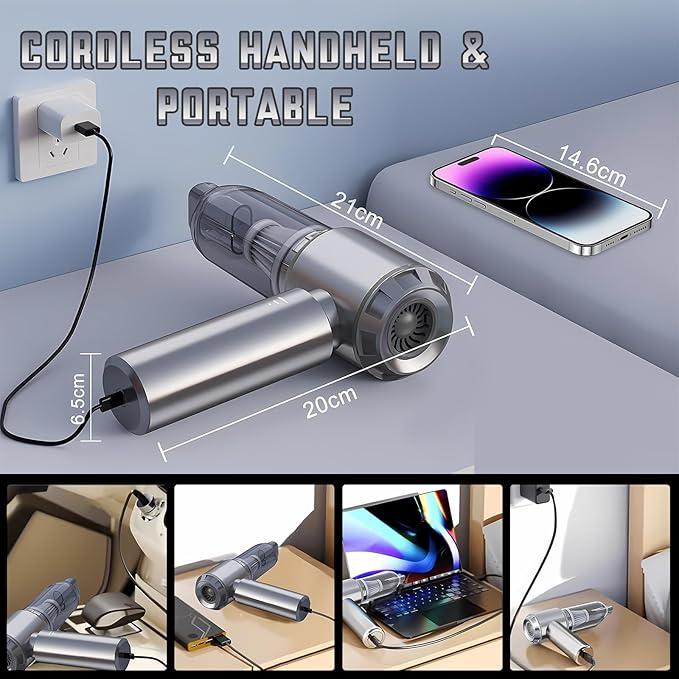 Car Vacuum Portable Cordless 21000PA High Power Mini Vacuum Cleaner 4-in-1 Compressed Air Duster & Air Blower & Pump Hand Held Vacuum with Brushless Motor for Car, Home, Office,Camping (silver gray)