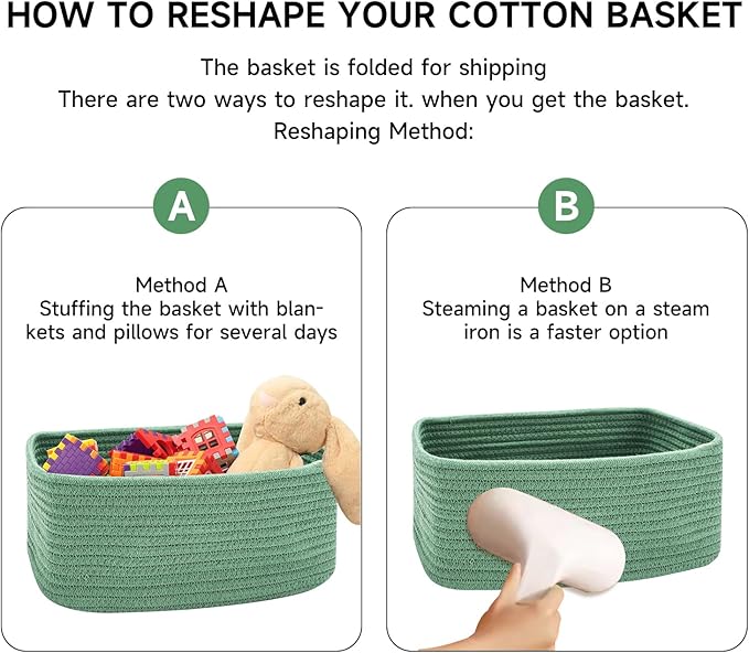 Small Storage Baskets for Organizing | Closet Organizer Bins | Shelf Toy Basket | Woven Rope Baskets | Cube Decorative Box | Shallow Basket | 13x8.5x5.1” | 4 Packs Green