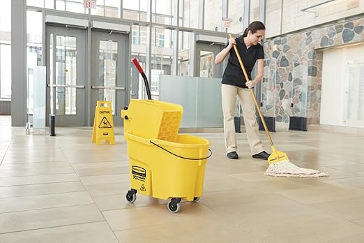 Rubbermaid Commercial Products WaveBrake 35 Qt. Side-Press Mop Bucket and Wringer Combo on Wheels Yellow for Professional/Industrial/Business Heavy-Duty Floor Cleaning/Mopping