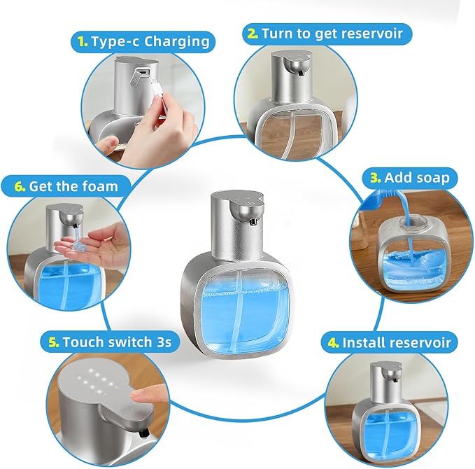 Automatic Liquid Soap Dispenser, 17oz/500ml Touchless Rechargeable with 4-Level Adjustable & IPX5 Waterproof - Level Display for Wall/Tabletop Use in Bathroom, Kitchen, Silver