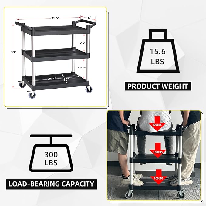 Plastic Utility Carts with Wheels, 3-Tier Rolling Service Cart, 300 lbs Heavy Duty Capacity with 4 inch Silent Casters(2 Lockable), for Home, Office, Restaurant, Warehouse.31.5"× 16" × 38"