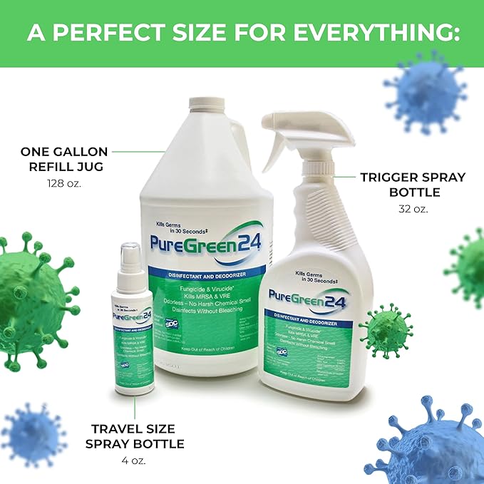 PureGreen24 Safe & Effective Disinfectant. Kills Deadly Germs including RSV COVID-19 Norovirus MRSA Staph 2025 flu Contains no toxic chemicals odorless child & pet safe 2 gallon bottles ready to use