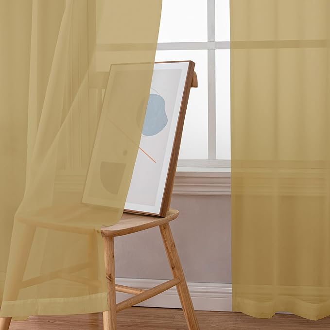 Chyhomenyc Gold Sheer Curtains 84 inches Long 2 Panels Set - Light Filtering Curtains for Living Room, Soft Gentle Voile Rod Pocket Bedroom Window Drapes, 42Wx84L Inch, 2PCS