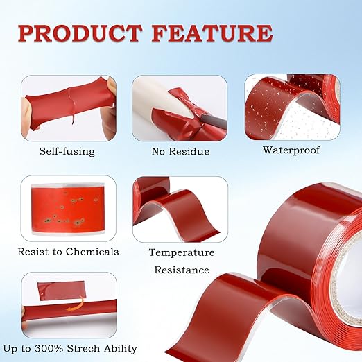 Self Fusing Silicone Tape 2 Rolls 1 in x 5' Red Waterproof Rubber Leak Proof Sealing Rubber Self-amalgamating Tape for Emergency Hot and Cold Water Pipe Repairs and Tool Fixation