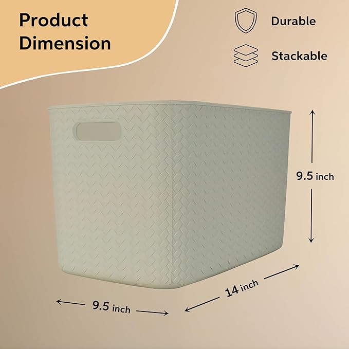 Storage Bins with Bamboo Lid – Stackable, Multi-Purpose Organizers for Pantry, Closet, Kitchen, and Home – Elegant Wicker-Style Design with Ergonomic Handles (Cream)