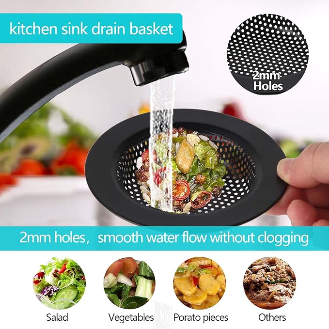 3 PCS Kitchen Sink Stopper Strainer,Anti-Clogging Stainless Steel Sink Disposal Stopper, Garbage Disposal Plug, Perforated Basket Drain Filter Sieve or Keep Water for Standard Kitchen Sink Drain,Black