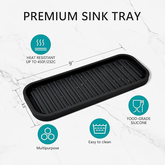 Silicone Sponge Holder Kitchen Sink Organizer Tray Dish Caddy Soap Dispenser, Scrubber Spoon Holder, Dishwashing Accessories (Black, 2 Pack)