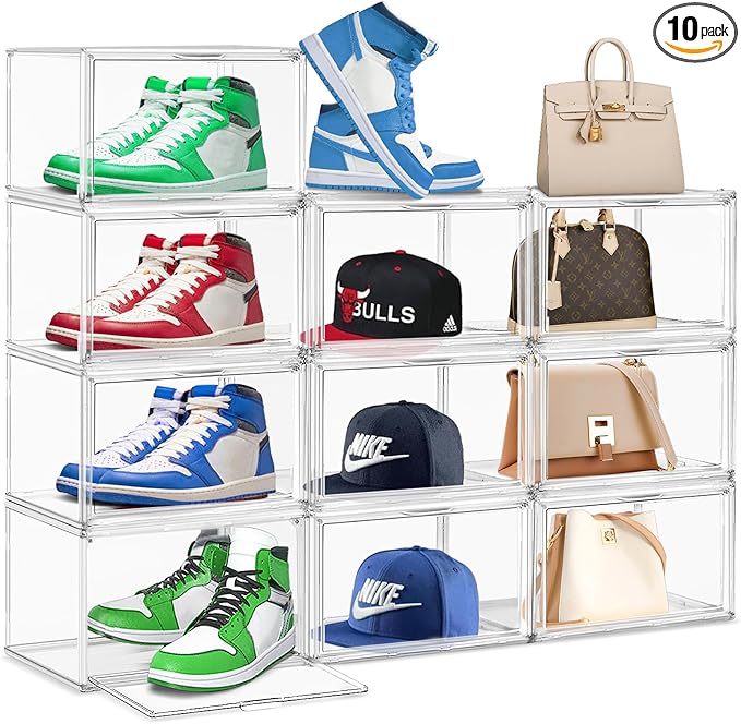 10 Pack Acrylic Shoe Storage Box Clear Plastic Stackable Acrylic Display Case with Magnetic Door Sneaker Storage for Sneakerheads Large Hat Shoe Boxes, Fit up to US Size 13