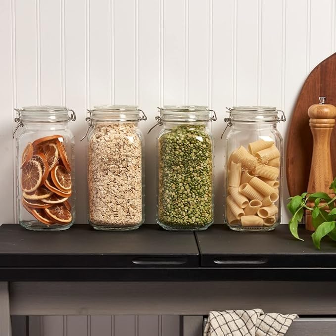 4 Glass Food Storage Jars with Airtight Lids + Chalkboard & Marker, Kitchen Canisters for Flour, Sugar, Coffee, Cereal, Pasta, Canning, Cookie Jar with Clamp Lid, Square Mason Jars 2-78oz, 2-34oz