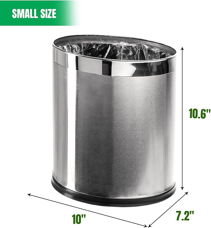'Invisi-Overlap' Open Top Stainless Steel Trash Can, Small Office Wastebasket, Modern Home Décor, Oval Shape