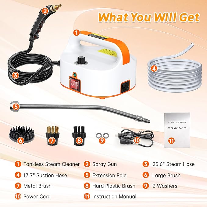 4.5BAR Handheld Steam Cleaner, 2500W Portable Steam Cleaner for Home for Car Kitchen Furniture Floors Cleaning, Tankless Design, 6-Speed Pressurized Steam Machine with 3 Brush Heads, Orange