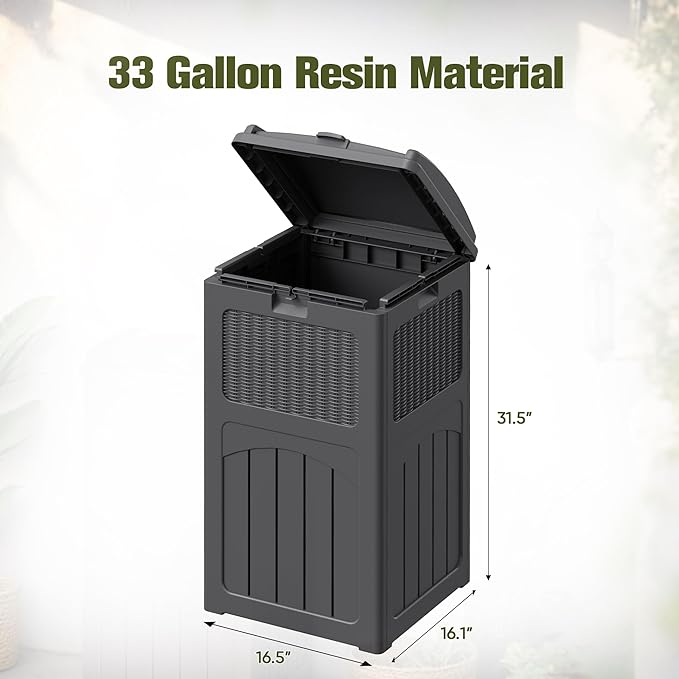 Devoko 33 Gallon Outdoor Trash Can, Hideaway Garbage Bins with Tiered Lid, Waterproof Resin Outside Waste Bins for Patio, Outside Pool, Backyard and Deck (1, Gray)
