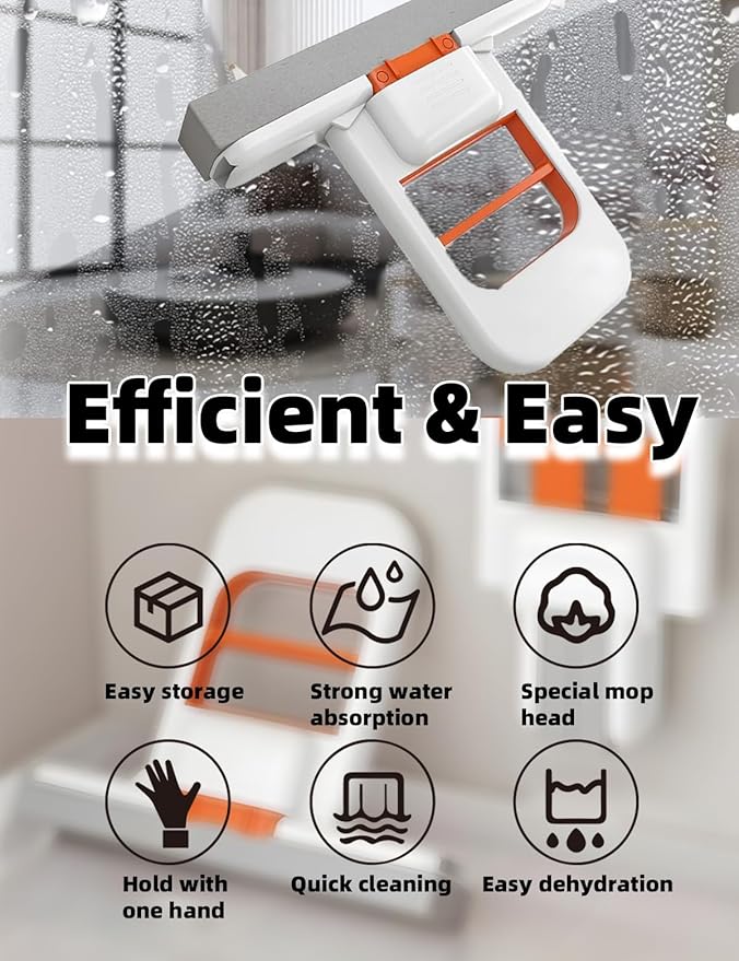 Mini Foldable Desktop Mop, Mini Mop for Small Spaces, Portable Cleaning Sponge Mop for Bathroom, Kitchen, Countertops, Glass, Tile-Wet/Dry Use with One-Hand Squeeze Handle & Replaceable Head (2 Set)