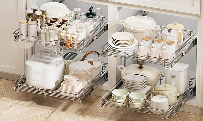 DINDON 2 Tier Pull Out Cabinet Organizer (20" W X 18" D), Double Tier Wire Basket Slide Out Shelf Storage for Kitchen Base Cabinet Organization for Kitchen, Pantry, Bathroom, Chrome