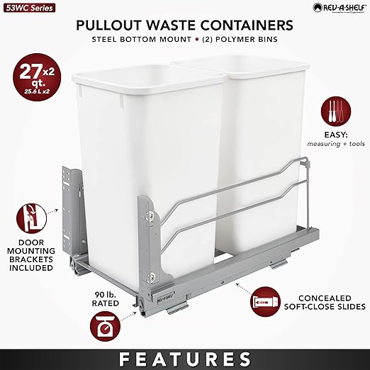Rev-A-Shelf 53WC-1527SCDM-213 Double 27 Quart Pull-Out, Orion Gray