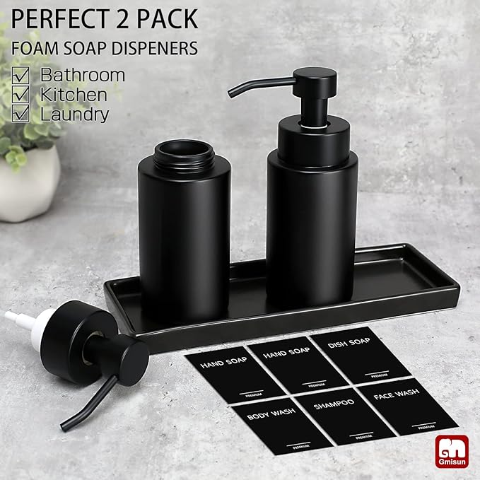 GMISUN Foaming Soap Dispenser, 10 Fl oz/300 ml Matte Black Glass Foaming Hand Soap Dispenser, 2Pcs Hand Soap Dispensers for Bathroom & Kitchen, Refillable Foam Soap Pump Bottle with Waterproof Labels