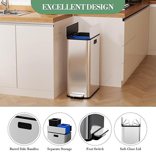 15-Gallon Dual Trash Can, Step-On Pedal Kitchen Trash Bin with Butterfly Lid, Odor-Proof Stainless Steel Large Trash Recycle Bin Combo with Removable Inner Buckets (2 x 28L) - Silver
