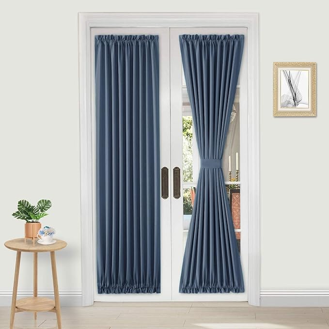 DWCN French Door Curtains – Rod Pocket Thermal Blackout Curtain for Doors with Glass Window, Kitchen and Patio Doors for Privacy, 36 X 72 Inches Long, 1 Curtain Panel with Tieback,Dusty Blue