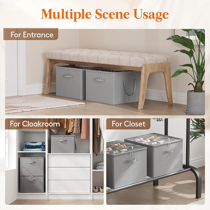 Lifewit Shoe Storage Organizer for Closet Fits 12-16 Pairs, Fabric Large Shoe Box Storage Containers with Clear Cover, Foldable Bins Fit for Boots Sneakers 17"(L) x 17"(W) x 12.5"(H) 1 Pack Light Gray