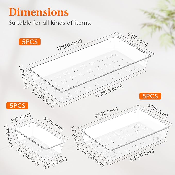 Lifewit 15 Pcs Large Bathroom Drawer Organizers, 3 Sizes Clear Plastic Storage Organizer Trays for Make Up, Kitchen Utensils, Vanity Accessories in Bathroom/Office/Dresser Organization