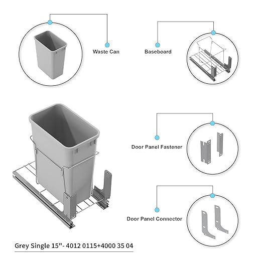 Dowell B15 Aluminum Base Wastebasket Pullout with Door Mount and 35Qt/9Gal Plastic Bin (4012 0115+35)