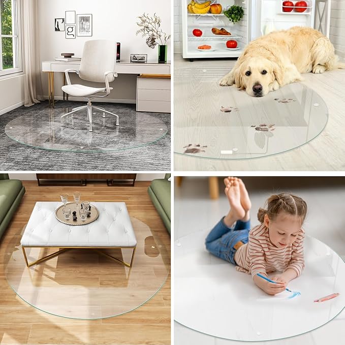 [Tempered Glass] 55" x 55" Round Glass Chair Mat, Heavy Duty Hard Floor Mat with Round Corner and Polished Edge, Office Chair Mat for Carpet Office Home Hardwood Floor Desk