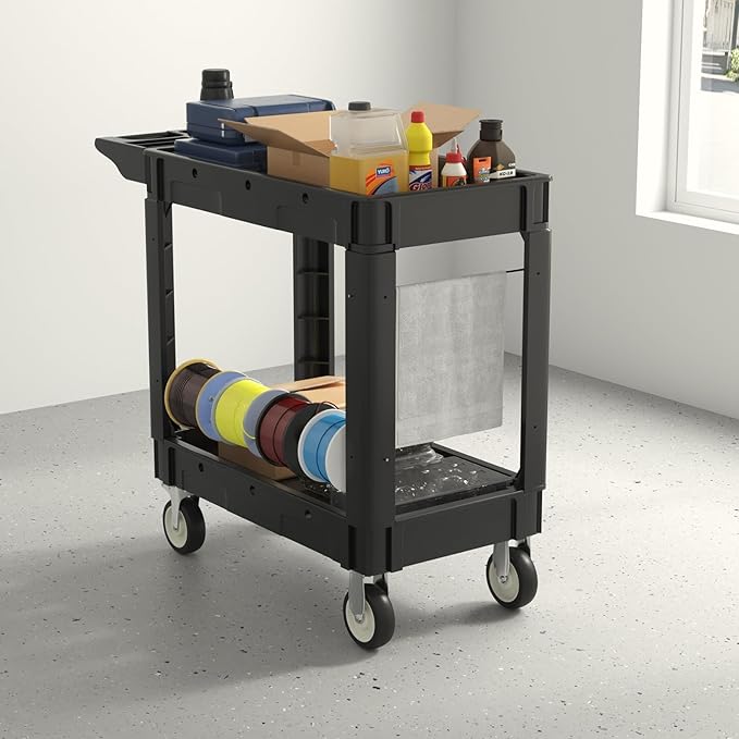 2 Shelf Heavy Duty Plastic Utility Cart, Service Cart Tub Storage W/Deep Shelve Holds up to 1000 lbs, Rolling Utility Cart with 360°Swivel Wheels, Work Cart for Warehouse, Garage, Cleaning