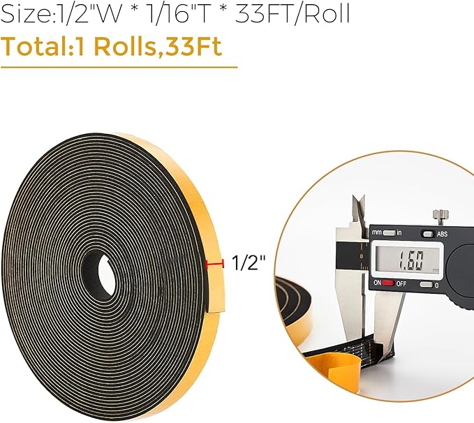 33 Feet Weather Stripping Door Seal, 1/2" Wide X 1/16" Thick Door Seal Strip High Density Foam Tape Adhesive Strip for Door Soundproofing,Window Insulation (1/2" x 1/16" x 33FT,Black)