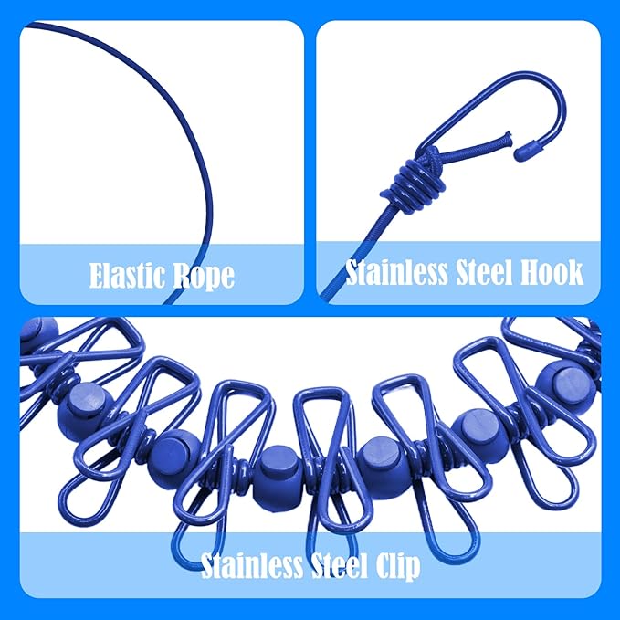 2 Pack Camping Clothesline Portable 12 Clothespins, Blue Camping Accessories Travel Clothesline for Outdoor Indoor, Retractable Clothes Line Elastic Clothesline for Camper Hotel Room