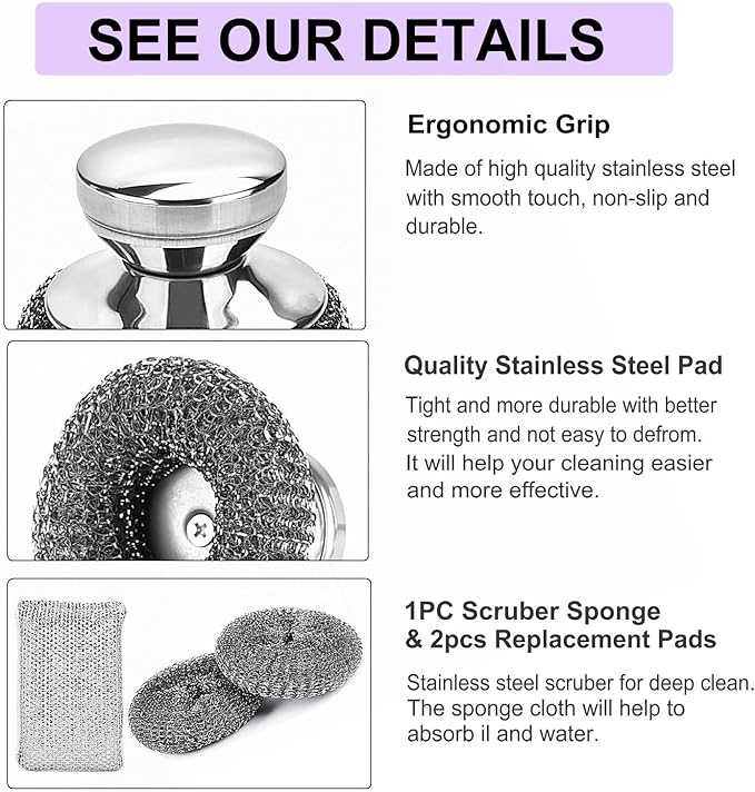 Stainless Steel Wool Scrubber with Short Handle Steel Scrubber Wool Pads for Cleaning Dishes Metal Scrubber Pot Scrubbers for Iron Pots, Stoves, Barbecue Grills, Wash Sink,Pans,2 Replace Heads
