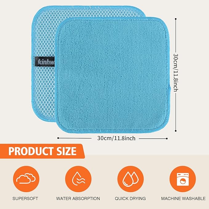 KinHwa Kitchen Washcloths for Dishes Absorbent Microfiber Dish Cloths Quick Dry Dish Rags with Poly Scour Scrub Side Ideal for Kitchen Cleaning (Blue, 12inchx12inch 9 Pack)