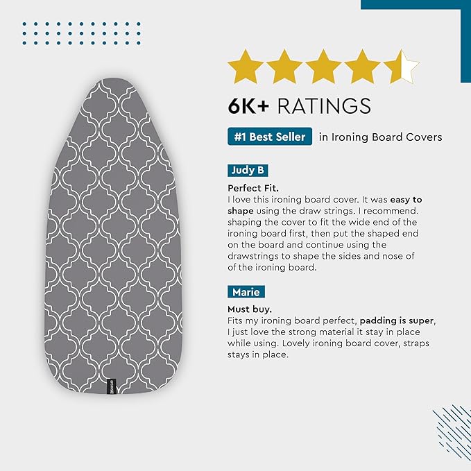Encasa Ironing Board Covers (44 x 13.5 inch) Drawstring Tightening with Thick 3 mm Felt Padding, Easy Fit, Scorch Resistant, Printed - Grey Tiles as Unit in hand is for 44*13.5