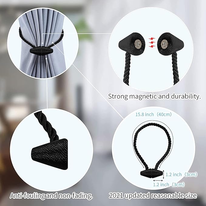 Hion Magnetic Curtain Tiebacks Black 2pcs, Curtain Tiebacks Buckles Holdbacks Holders Hooks Clip for Home Bedroom Office Decorative Curtain