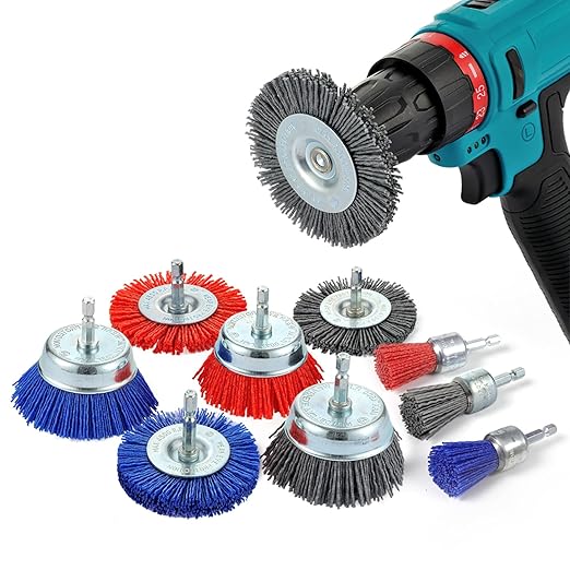MAXMAN Nylon Drill Brush Set for Rust Removal - 9 Pack Abrasive Wheel & Cup Brush Attachments, 1/4" Hex Shank, Remove Paint & Corrosion from Metal, Wood - Heavy Duty Tools for Drills & Impact Drivers