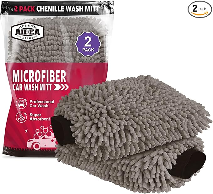 AIDEA Car Wash Mitt Microfiber-2Pack, Scratch-Free& Lint-Free, Premium Chenille Microfiber Wash Mitt-Grey Extra Large Size (8''X12'')