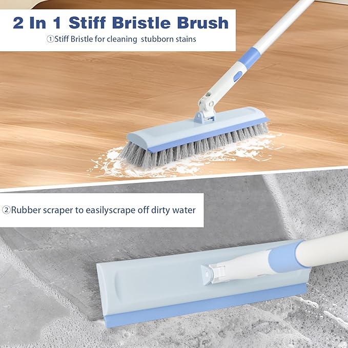 Floor Scrub Brush and V-Shape Grout Brush with Long Handle 3 in 1 Replaceable Head Scrape Brush Stiff Bristle with Swivel Head for Cleaning Tiles Hardwood Floors Patios Blue