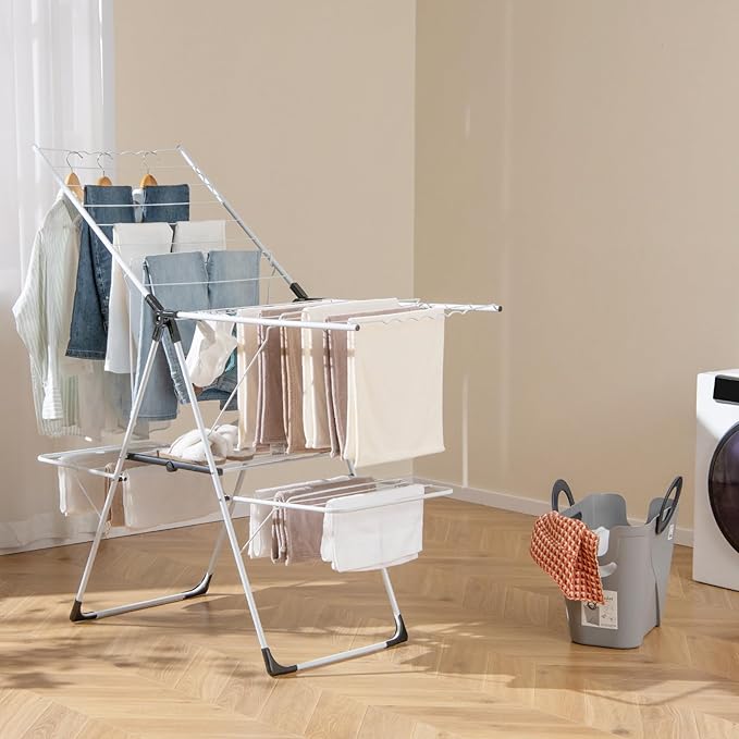 Giantex Clothes Drying Rack, 2-Layer Stainless Steel Foldable Laundry Drying Rack with 6-Level Adjustable Height, Useful Clips, Space Saving Freestanding Folding Collapsible Laundry Drying