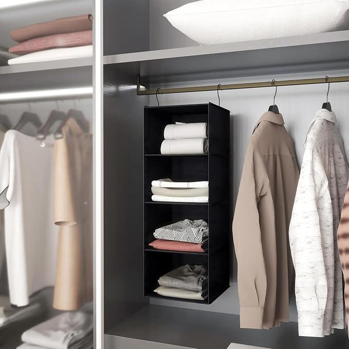 Hanging Closet Organizer, Easy Mount Foldable 4-Shelf Hanging Closet Wardrobe Storage Shelves, Clothes Handbag Shoes Accessories Storage, Washable Oxford Cloth Fabric, Black