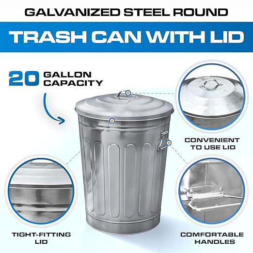 Plexon 2 Pack 13-Gallon Galvanized Steel Round Trash Can with Lid, Indoor and Outdoor Use, Durable Construction, Classic Design, Stylish