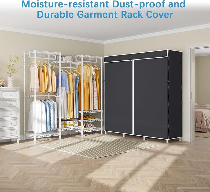 VIPEK V5C Covered Clothes Rack Heavy Duty Portable Closet Wardrobe, Freestanding White Metal Clothing Rack with Black Dustproof Cover, Adjustable Custom Closet Rack, 57.9"L x 17.3"W x 76.4"H (Medium)