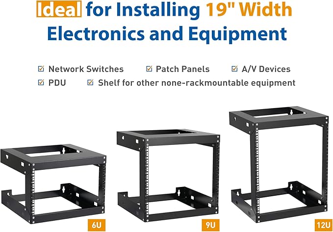 9U Wall Mount Rack Open Frame 19 Inch Server Equipment 2 Post Network Cabinet 18 inches Depth Black by Tedgetal