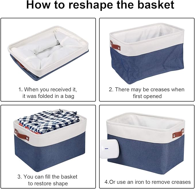 Univivi 4PC Large Storage Baskets Foldable Fabric Storage Bins for Closet Shelf for Organizing Blue Storage Baskets with Handles|Hard Bottom (15”X10.5”X9.5”)