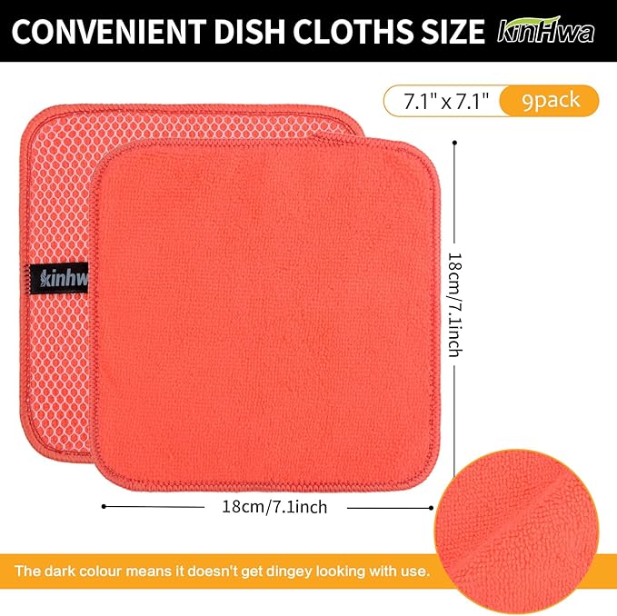 KinHwa Kitchen Washcloths for Dishes Absorbent Microfiber Dish Cloths Quick Dry Dish Rags with Poly Scour Scrub Side Ideal for Kitchen Cleaning (Red, 7inchx7inch 9 Pack)