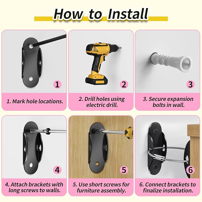Anti Tip Furniture Anchors (6 Packs) Furniture Anchors for Baby Proofing, Earthquake Straps for Furniture Dresser Wall Safety Anchor Furniture Safety Straps Wall Straps, Black