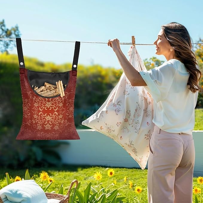 Home Outdoor Clothespin Holder - Windproof & Water Resistant Storage Bag - Commercial Quality Hanging Organizer for Laundry Businesses Classic Flower Pattern Print 14.5x12in