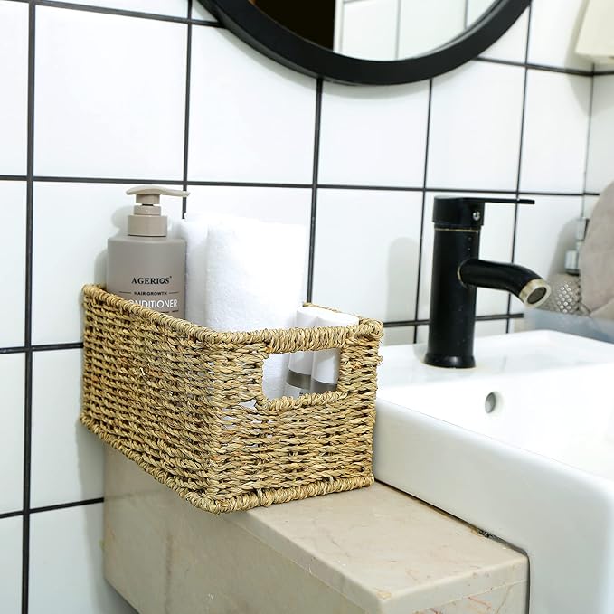 HOONEX Wicker Baskets for Storage, Seagrass Baskets with Dual Handles, Woven Baskets for Shelves, Set of 2, Natural