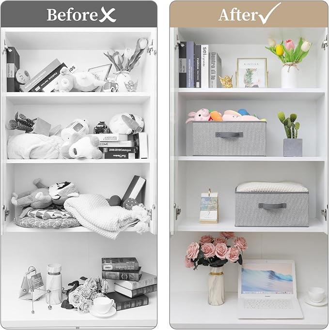 Storage Baskets, 15.7 Inch Woven Fabric Bins, Storage Cubes with Reinforced Handles, Organizer Bins for Closet Shelves, Foldable, for Toys, Clothes, Natural Beige (3PCS/Grey-15.7*11*7.8inch)
